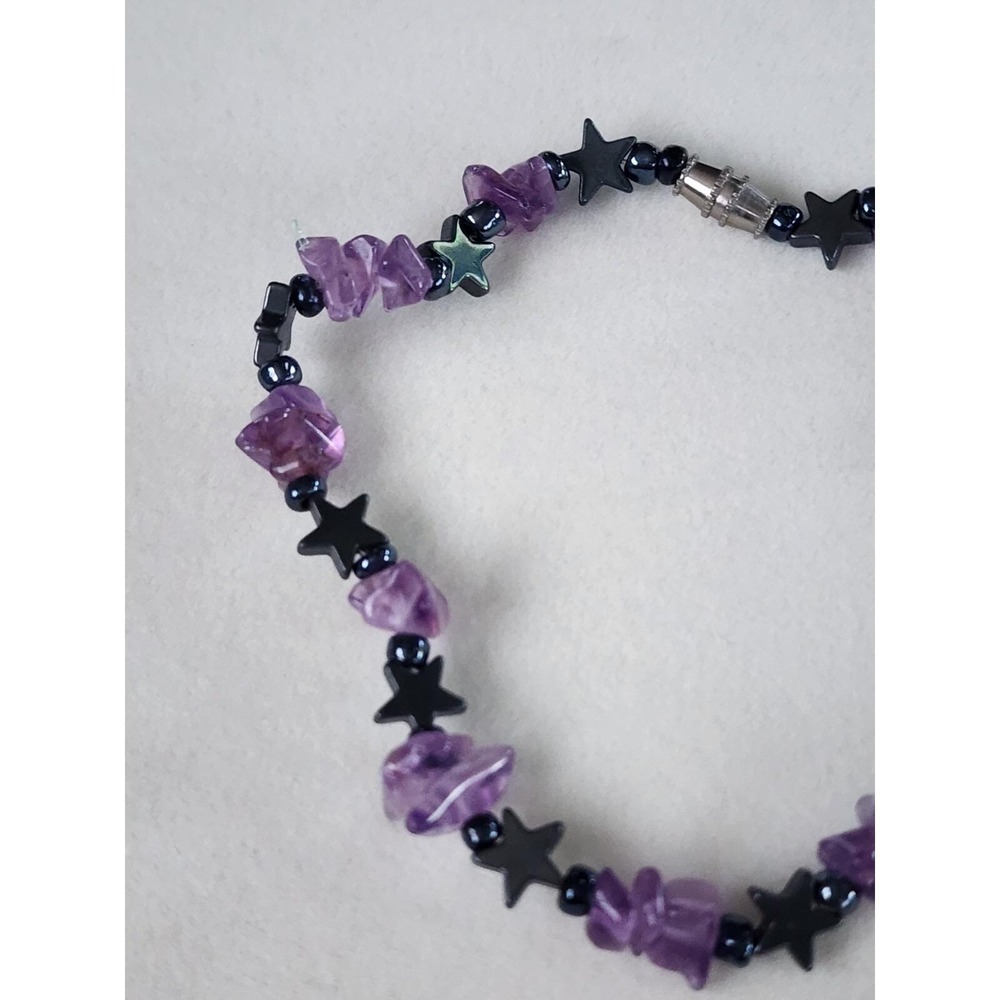 Genuine AMETHYST Chip With Gunmetal Gray Stars Bracelet Hand Crafted FREE $HIP!! - Picture 3 of 5